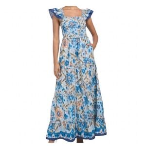 House of Harlow 1960 Maxi Zoey Dress Blue Smocked Tiered Ikat Medium